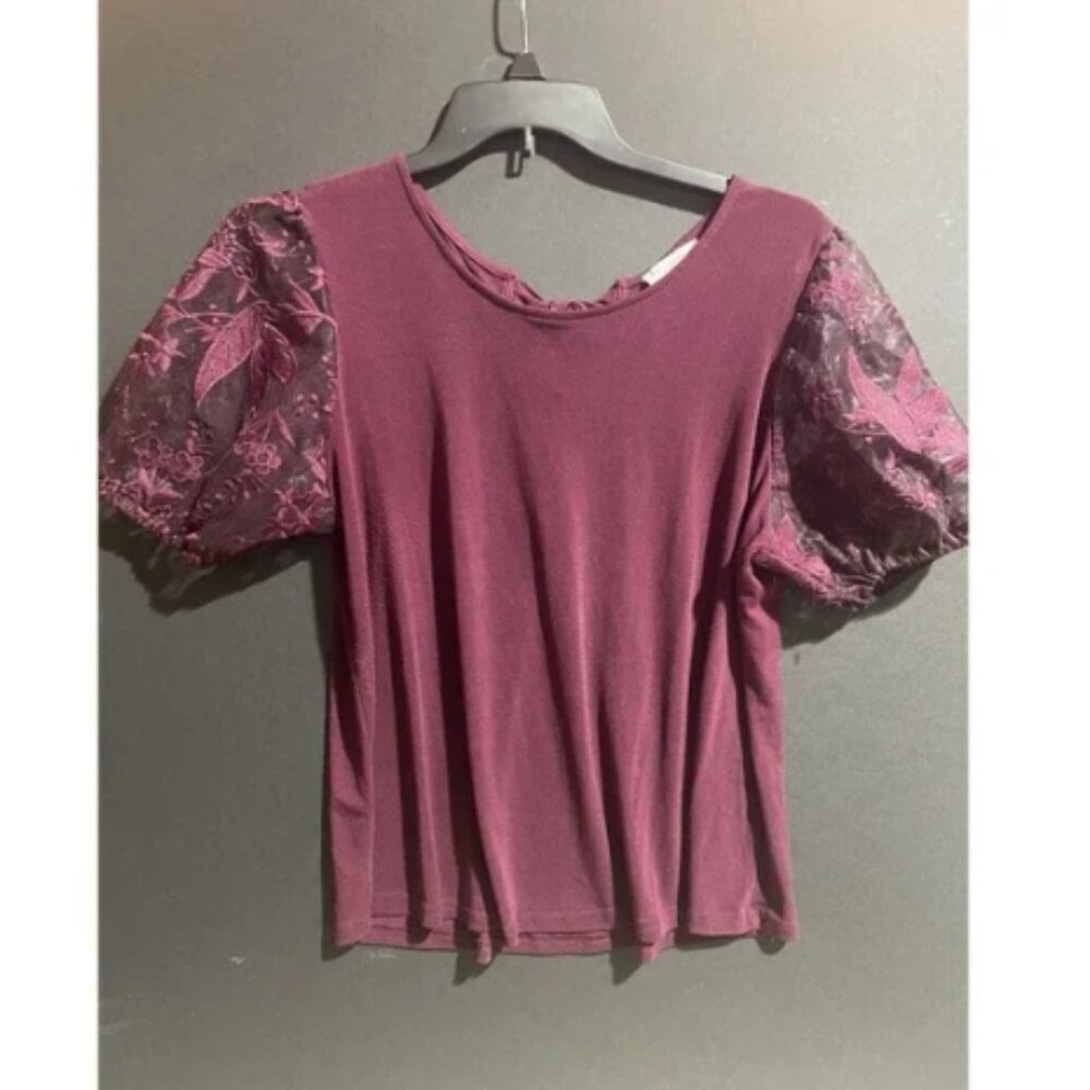Flower and feather blouse Burgundy puffy Sheer lace sleeves XL